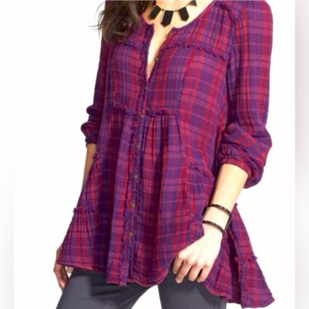 Free People Plaid boho cottage Blouse Size Xs
